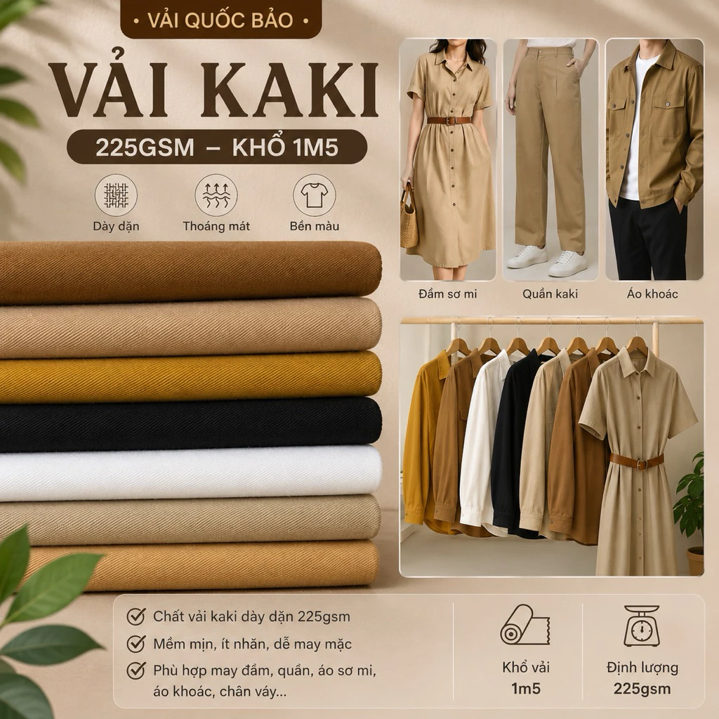 [Vải Quốc Bảo] Vải kaki 225gsm,khổ 1m5,dày dặn,đứng form,áo khoác,quần,đồng phục,váy