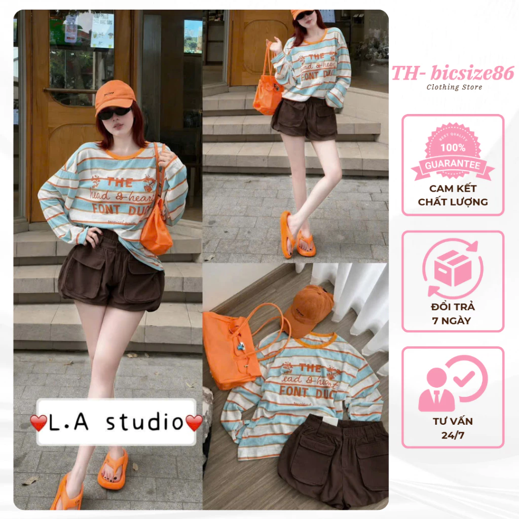 Set áo thun giấy kẻ màu hot mix quần bom kaki dáng ngắn hottrend
