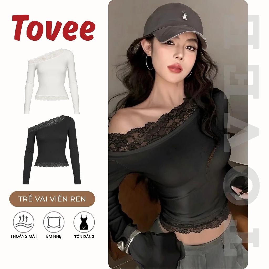 Áo Croptop TAY DÀI TRỄ VAI VIỀN REN Kiểu Trơn Form ôm body Nữ CR117, Áo thun sexy chất thun Gân đẹp TOVEE