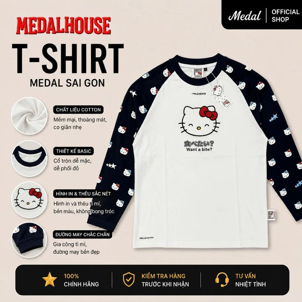 Áo Thun Tay Dài Hello Kitty Medal.Saigon Unisex – Áo Cotton 4 Chiều Phối Tay Raglan Cá Tính
