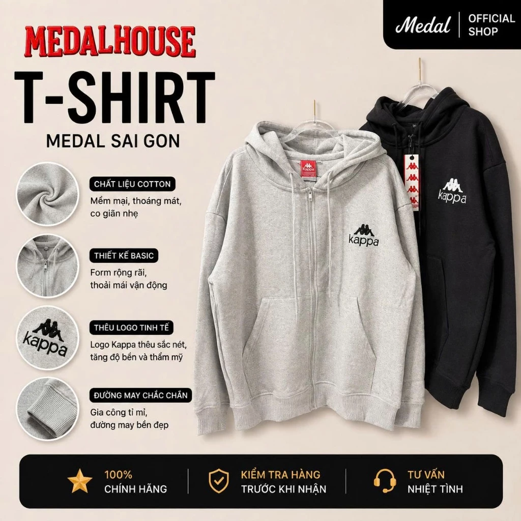 Áo hoodie zip unisex medal.Saigon thêu logo Kappa trước ngực phối chữ Kappa sau nón, áo khoác nỉ có khoá form rộng basic