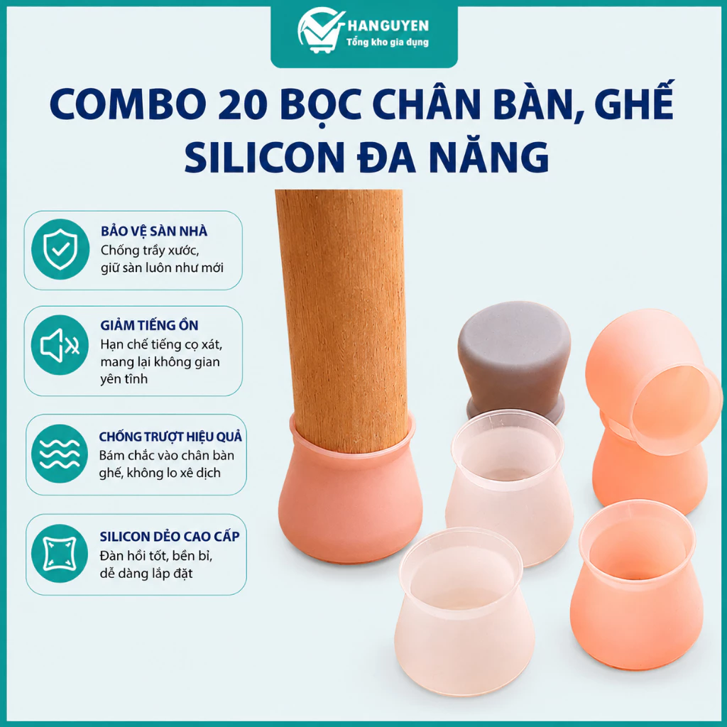 Combo 20 bọc chân bàn ghế silicon dày, chống trượt, chống xước sàn, giảm tiếng ồn, bảo vệ chân ghế #A220