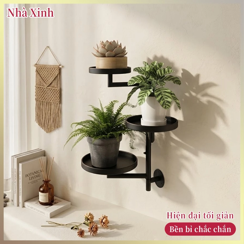Kệ Hoa Treo Tường Xoay 3 Tầng Bằng Kim Loại Sơn Tĩnh Điện Trưng Bày Cây Cảnh Cao Cấp Cho Ban Công Và Phòng Khách
