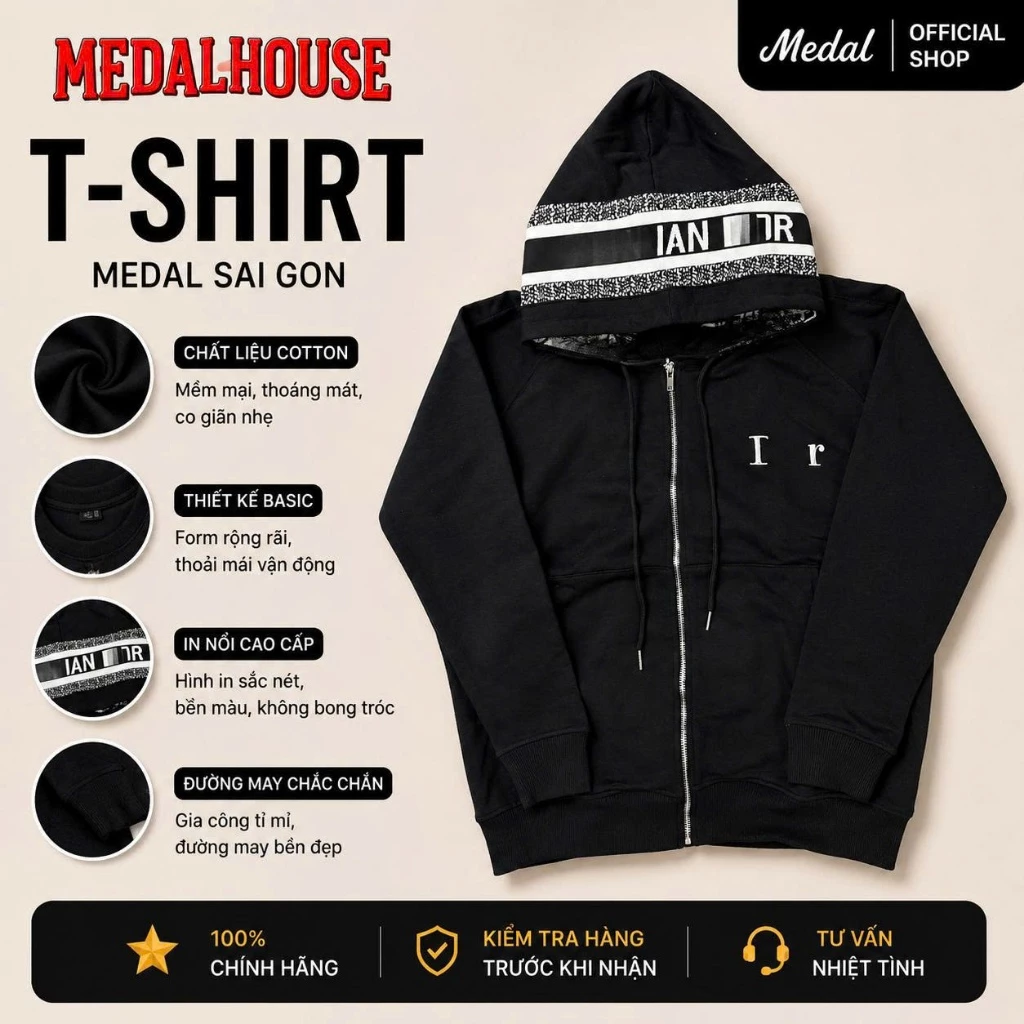Áo hoodie zip unisex in chữ phối sọc ngang nón “IAN DR” ở ngực– form basic streetwear cá tính, chất cotton nỉ dày dặn