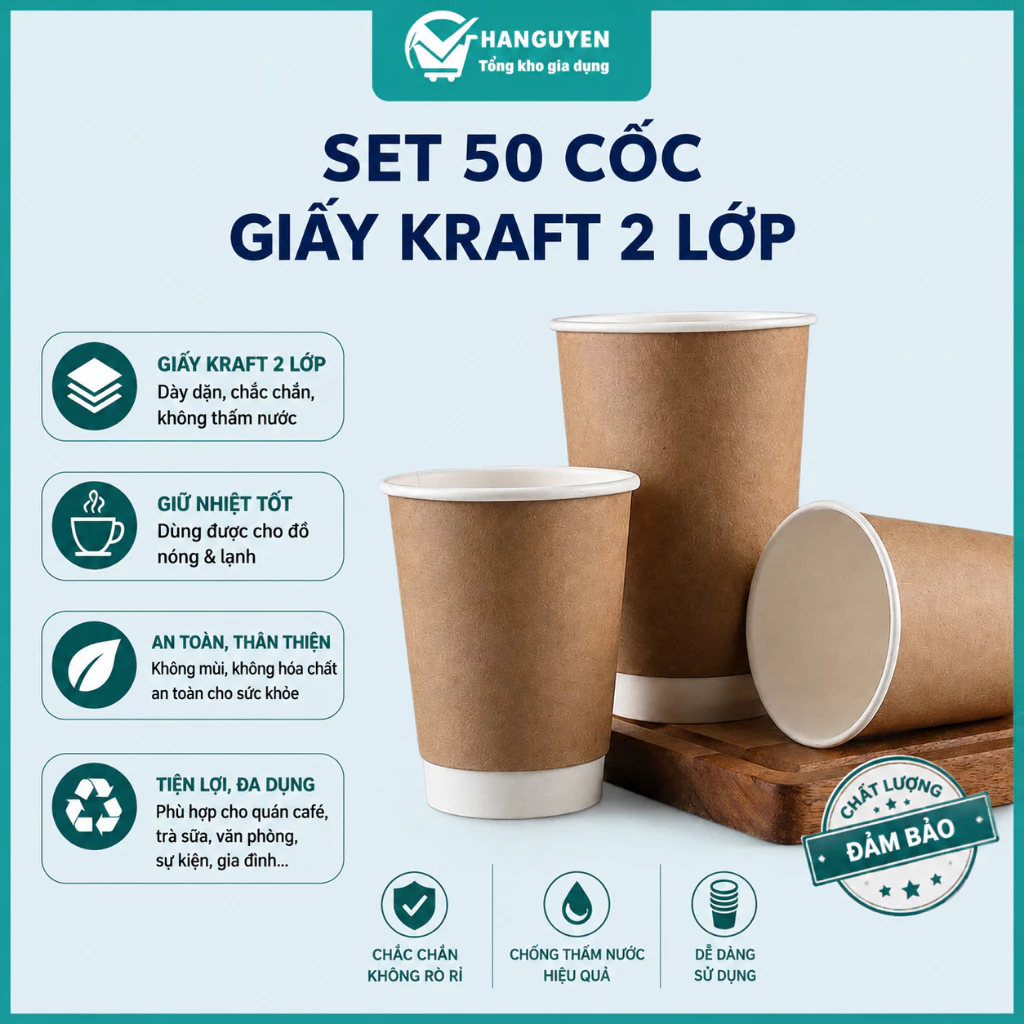 Set 50 cốc giấy Kraft 2 lớp cao cấp, ly giấy dùng một lần đựng trà, cà phê nóng, cầm không nóng tay
