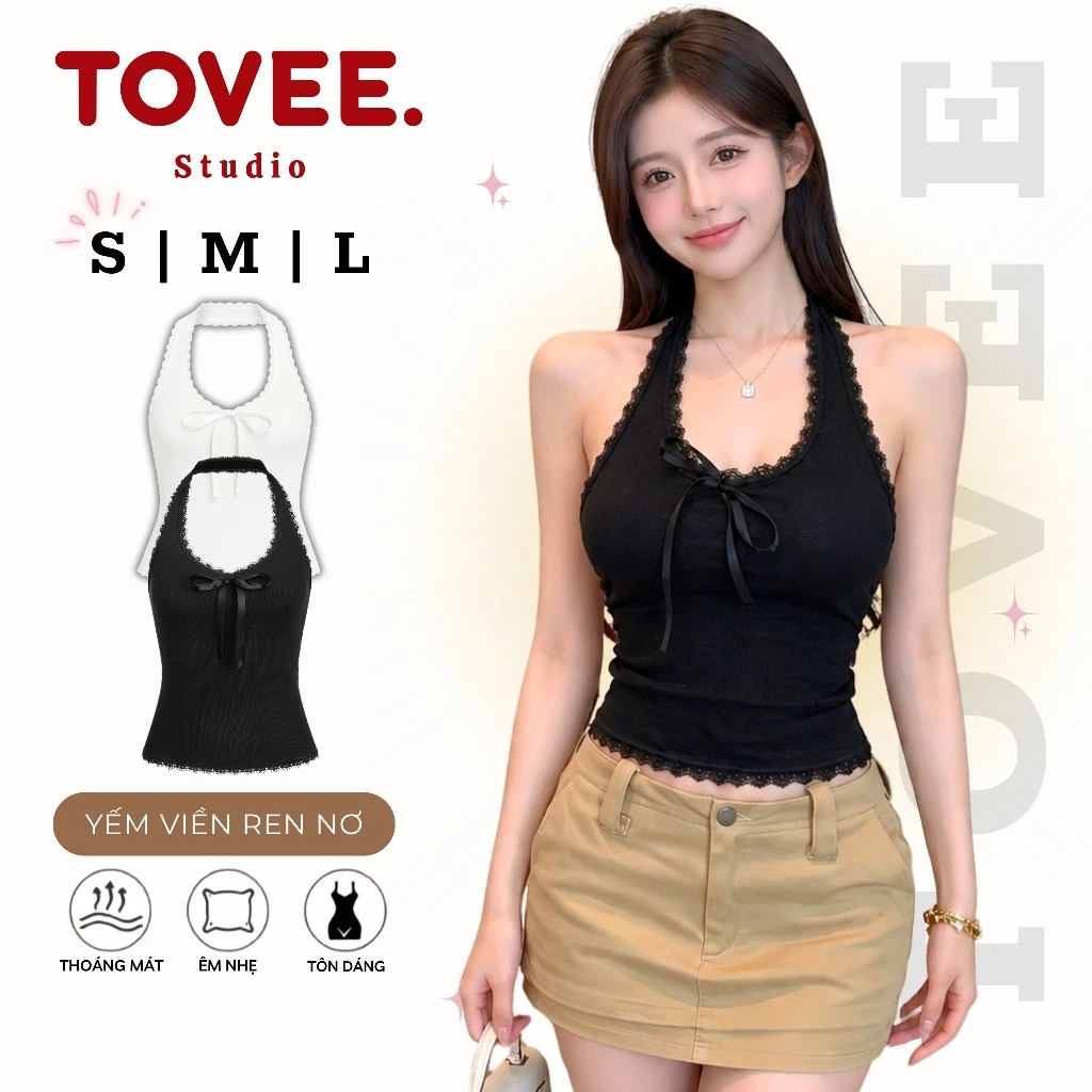 Áo Croptop YẾM CHOÀNG CỔ VIỀN REN ĐÍNH NƠ form ôm body DD28, Áo thun sexy chất thun gân tăm đẹp TOVEE