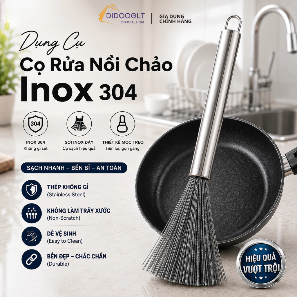 Chổi Cọ Nồi Chảo Inox 304 Didooglt - Sợi Inox Dày Siêu Bền, Tay Cầm Dài, Đánh Bay Vết Bẩn Cứng, Có Móc Treo Tiện Lợi