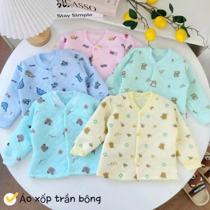 Combo 3-5 Áo Dài Tay Thu Đông vải xốp trần bông nhiều hình màu sắc cho bé 3-13kg
