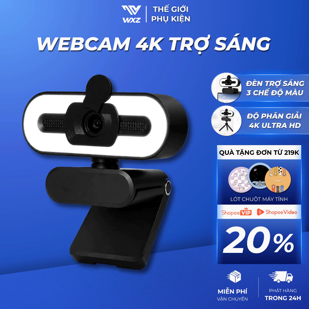 Webcam Máy Tính 4K Ultra HD Camera PC Có Đèn LED Ring Light Mic Kép Khử Ồn Học Online Livestream