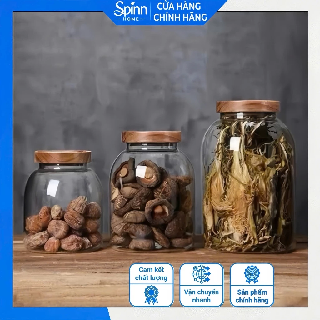 Hũ Thủy Tinh Nắp Gỗ Đựng Thực Phẩm, Lọ Thủy Tinh Đựng Hạt Khô Trà Gia Vị Kín Khí Cao Cấp Nhiều Cỡ
