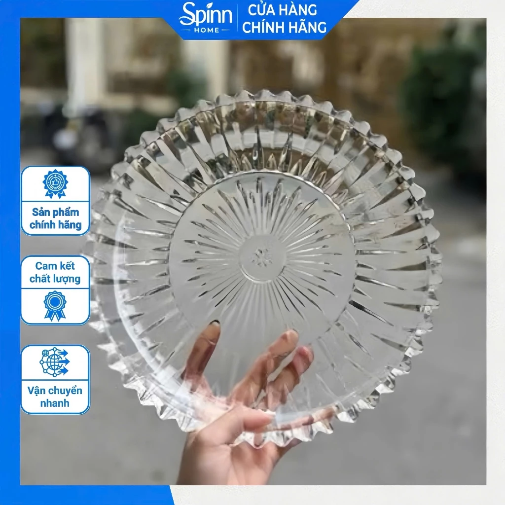Đĩa Thủy Tinh Tròn Hoa Văn Trong Suốt Cao Cấp, Đĩa Bày Hoa Quả Bánh Ngọt Trang Trí Sang Trọng