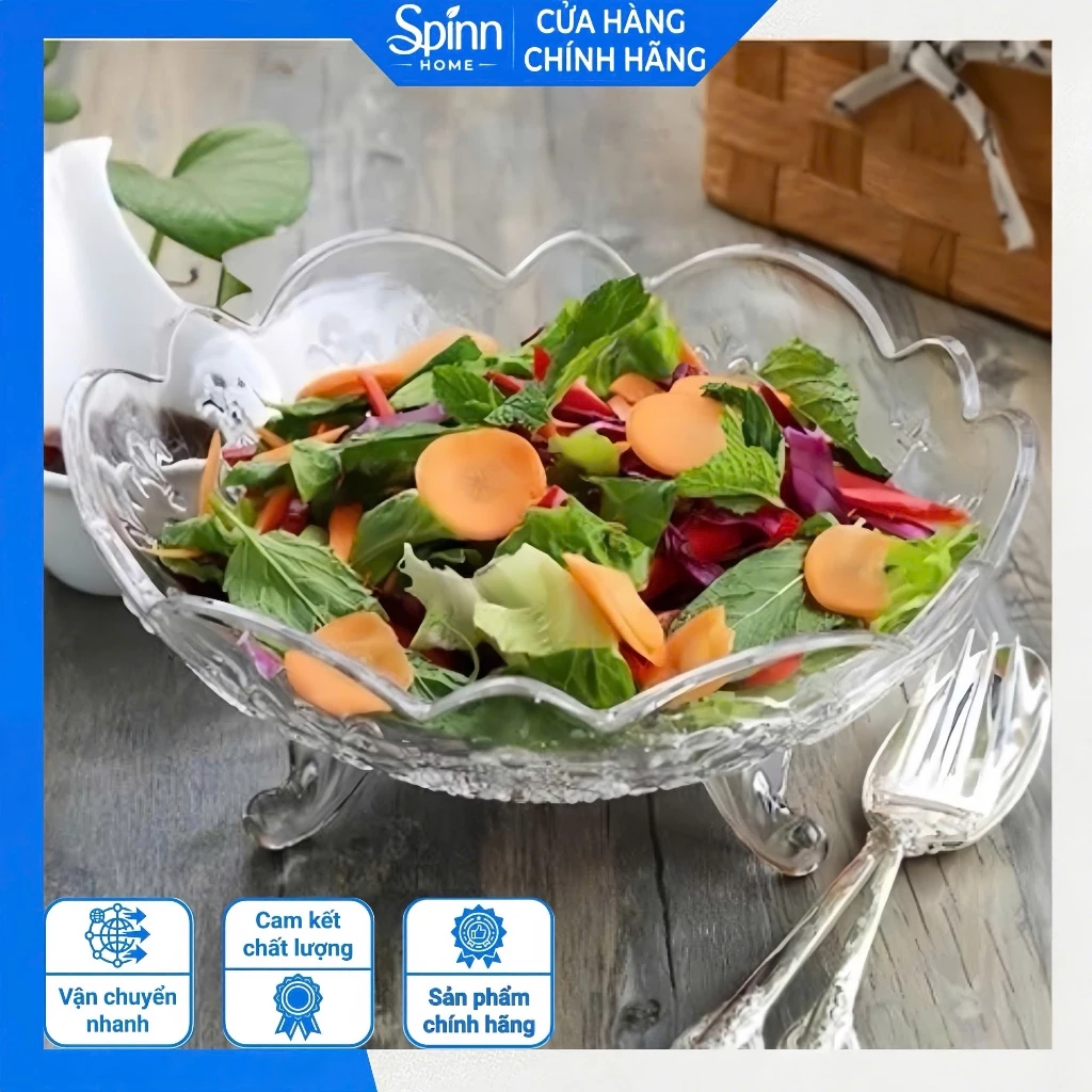 Tô Thủy Tinh Chân Cao Hoa Sen 24cm, Bát Đựng Trái Cây Bánh Kẹo Salad Trang Trí Bàn Ăn Sang Trọng
