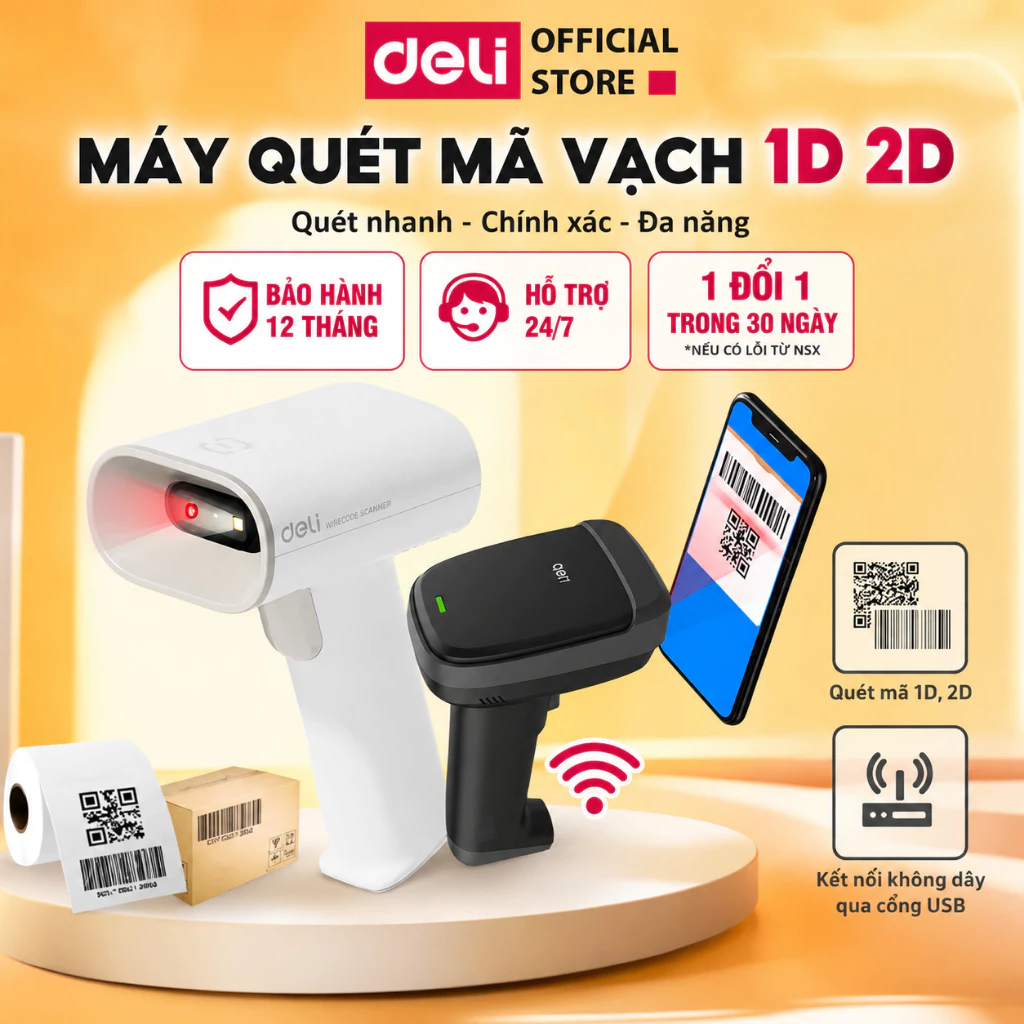 Máy Quét Mã Vạch 1D 2D DELI - Quét Mã Vạch Sản Phẩm - Đầu đọc QRcode không dây kết nối USB dùng trên Laptop, PC