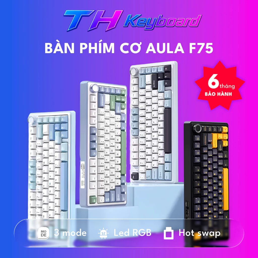 Bàn phím cơ gaming Aula F75 3 mode kết nối, có núm chỉnh âm lượng, LED RGB THkeyboard (NEW)