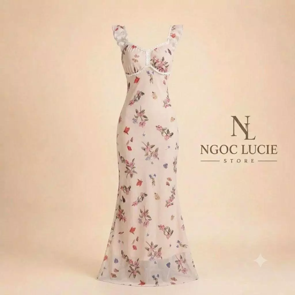 D1103 - Đầm Cổ Tim Viền Ren Dây Bèo Họa Tiết Hoa Dáng Đuôi Cá Lưới Xòe Sang Trọng Ngọc Lucie