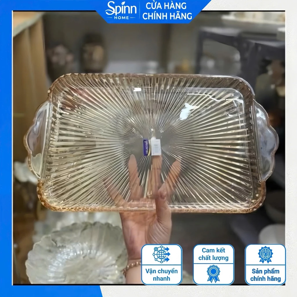 Đĩa Thủy Tinh Chữ Nhật Màu Hổ Phách Cao Cấp, Khay Đựng Bánh Kẹo Trái Cây Trang Trí Sang Trọng