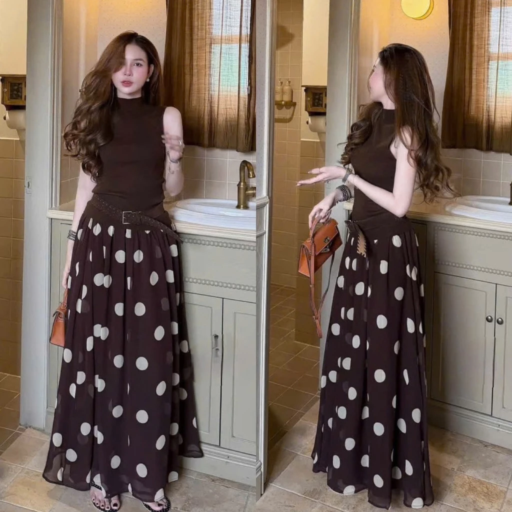 (Hàng Shop): Áo Len Sát Nách Cổ Lọ+ Chân Váy Nâu Chấm Bi Voan Tặng Kèm Đai Lưng Phong Cách Trẻ Trung-Ảnh Thật Lollaye