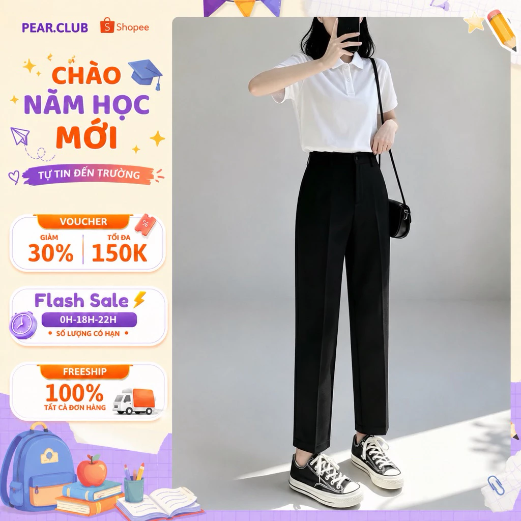 [BST ĐI HỌC 2026] Quần Tây Đi Học Ống Đứng PEAR.CLUB Cạp Cao Hack Dáng, Quần Vải Suông Nữ Học Sinh Mặc Đi Học Q06