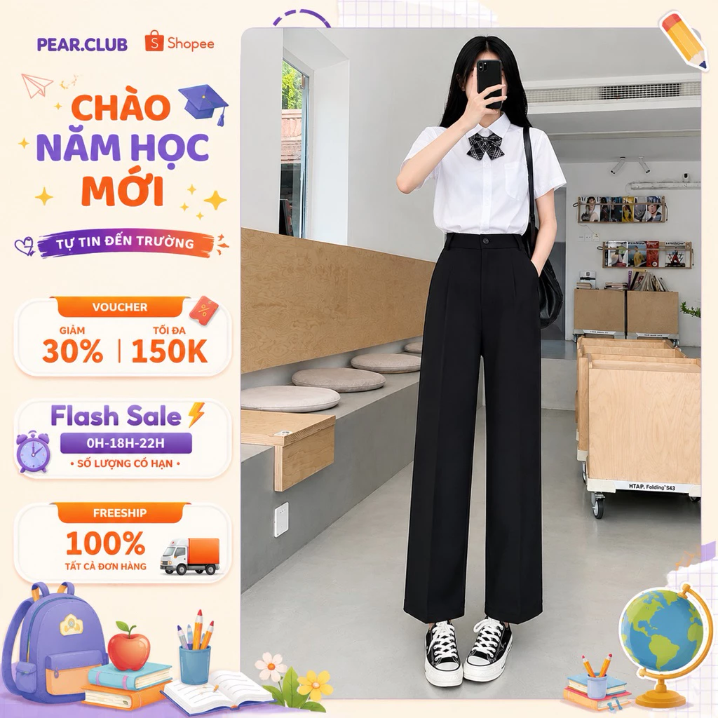 Quần Vải Đi Học Nữ Cạp Cao PEAR.CLUB - Quần Tây Ống Suông Đứng Hack Dáng Học Sinh Sinh Viên Q06