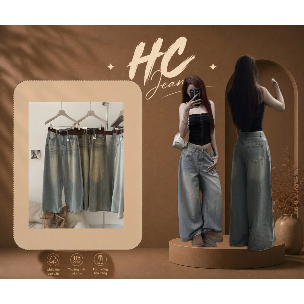 Quần Bò Jeans Nữ Ống Rộng, Quần Bò Denim Suông Ống Rộng Màu Xanh Bản Cạp Cao…