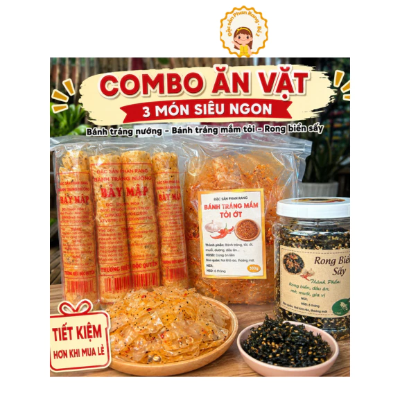 Combo Ăn Vặt Phan Rang 3 Món - Bánh Tráng Nướng, Mắm Tỏi 300g, Rong Biển 70g