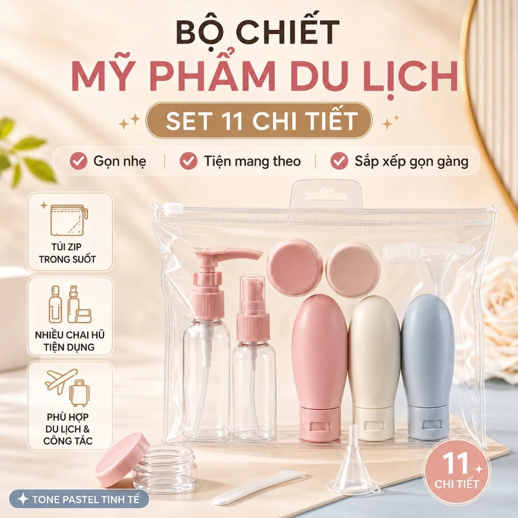 Bộ Chiết Mỹ Phẩm 11 Chi Tiết Set Túi Đựng Mỹ Phẩm, Dầu Gội Thuận Tiện Cho Việc Mang Lại Du Lịch