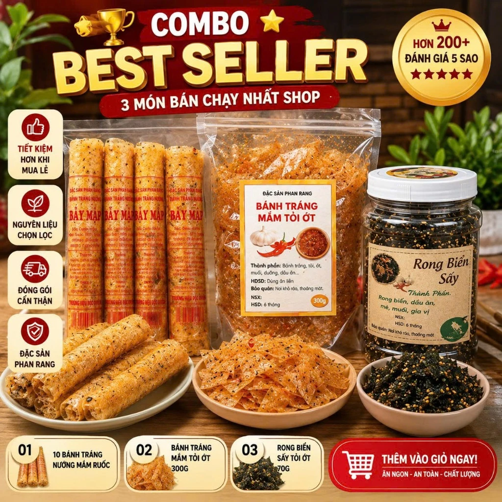 Combo Best Seller Đặc Sản Phan Rang - Bánh Tráng Nướng Mắm Ruốc, Bánh Tráng Mắm Tỏi 300g, Rong Biển 70g