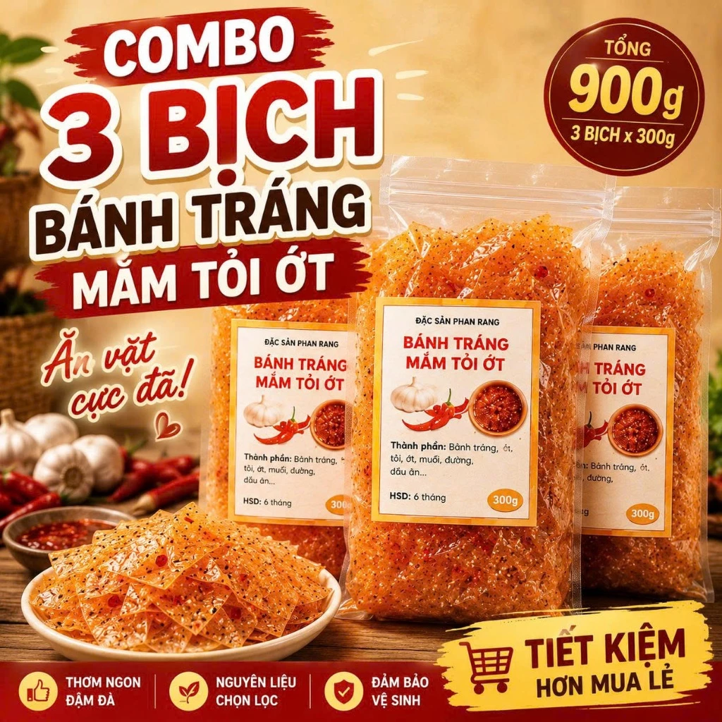 Combo 3 Bịch Bánh Tráng Mắm Tỏi Ớt 300g - Tổng 900g Ăn Vặt Đặc Sản Phan Rang