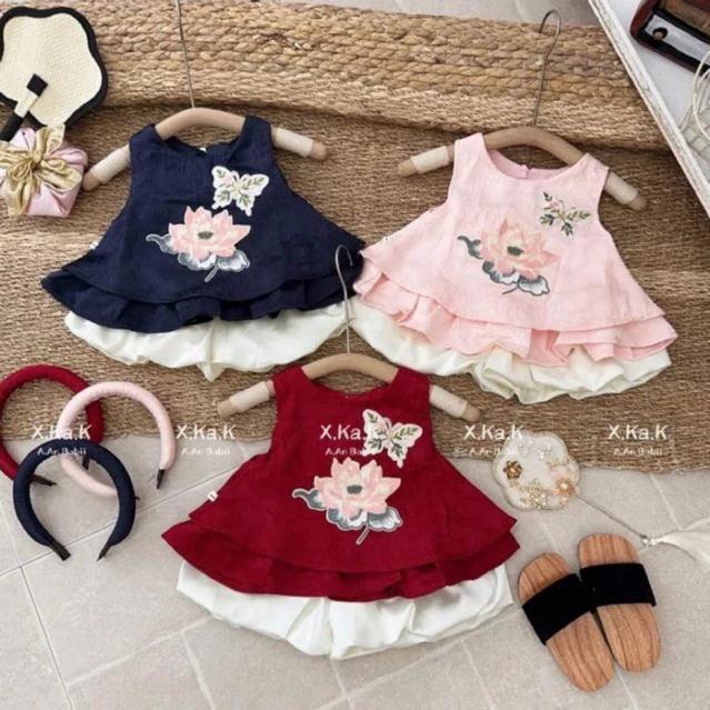 {Kèm mấn} Set đồ trung cho bé gái sz 8-20kg thêu hoa sen, set đồ cho bé gái áo+quần+mấn cho bé đi học đi chơi trung thu