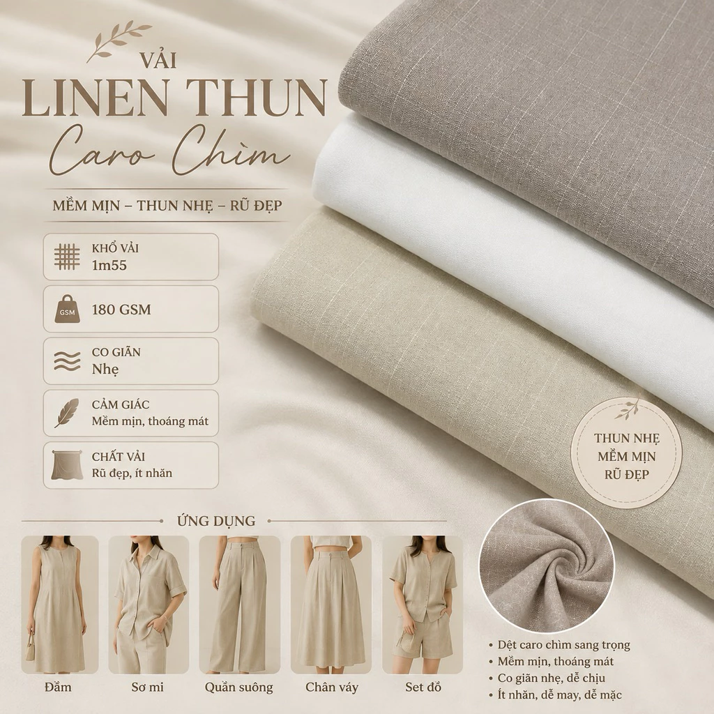 [Vải Quốc Bảo] Vải linen thun Aura Khổ 1m55, 180 GSM, Co Giãn Nhẹ, Mềm Rũ, May Đầm Áo Quần Nam Nữ Trẻ Em