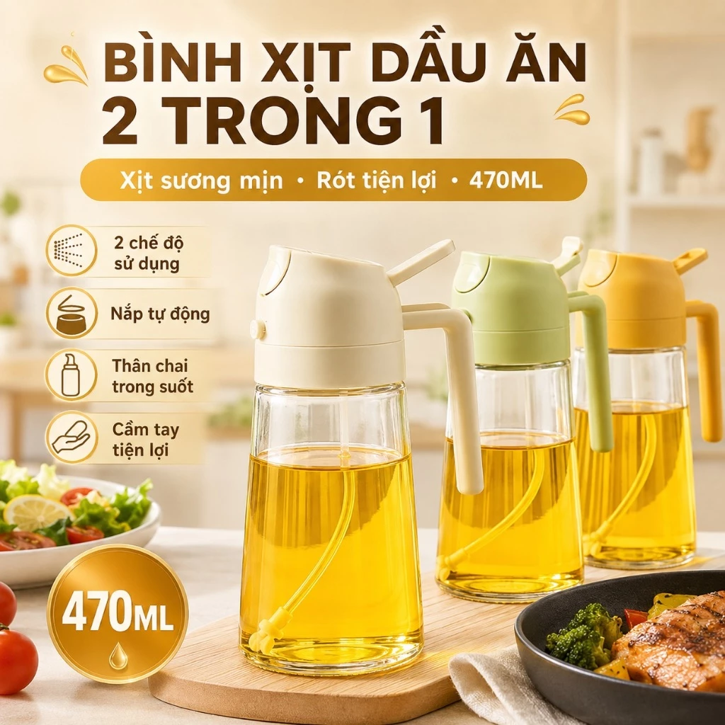 Bình Đựng Dầu Ăn, Chai Đựng Gia Vị Nước Mắm Thiết Kế Thông Minh Nắp Tự Động Đóng Mở 2 Đầu Xịt Dung Tích 470ml