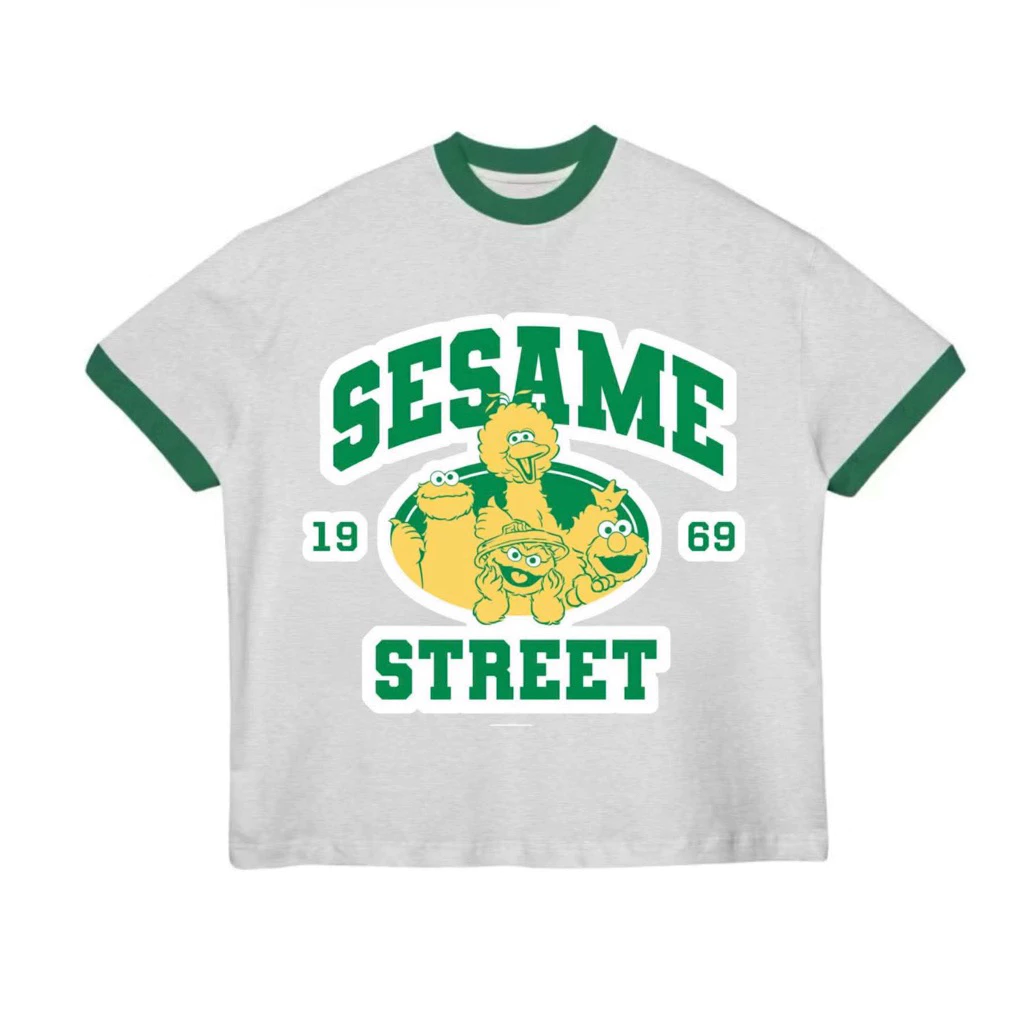 Áo Thun UNISEX Form Boxy Màu Xám Tiêu/Xanh "SESAME STREET" - The Luna