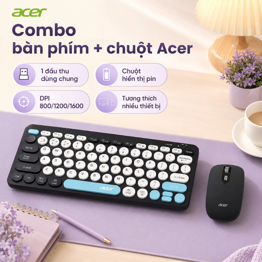 Bộ Bàn Phím Chuột Không Dây Acer,2.4G Và Bluetooth, Pin Sạc, Hiển Thị Pin, Sạc Type-C
