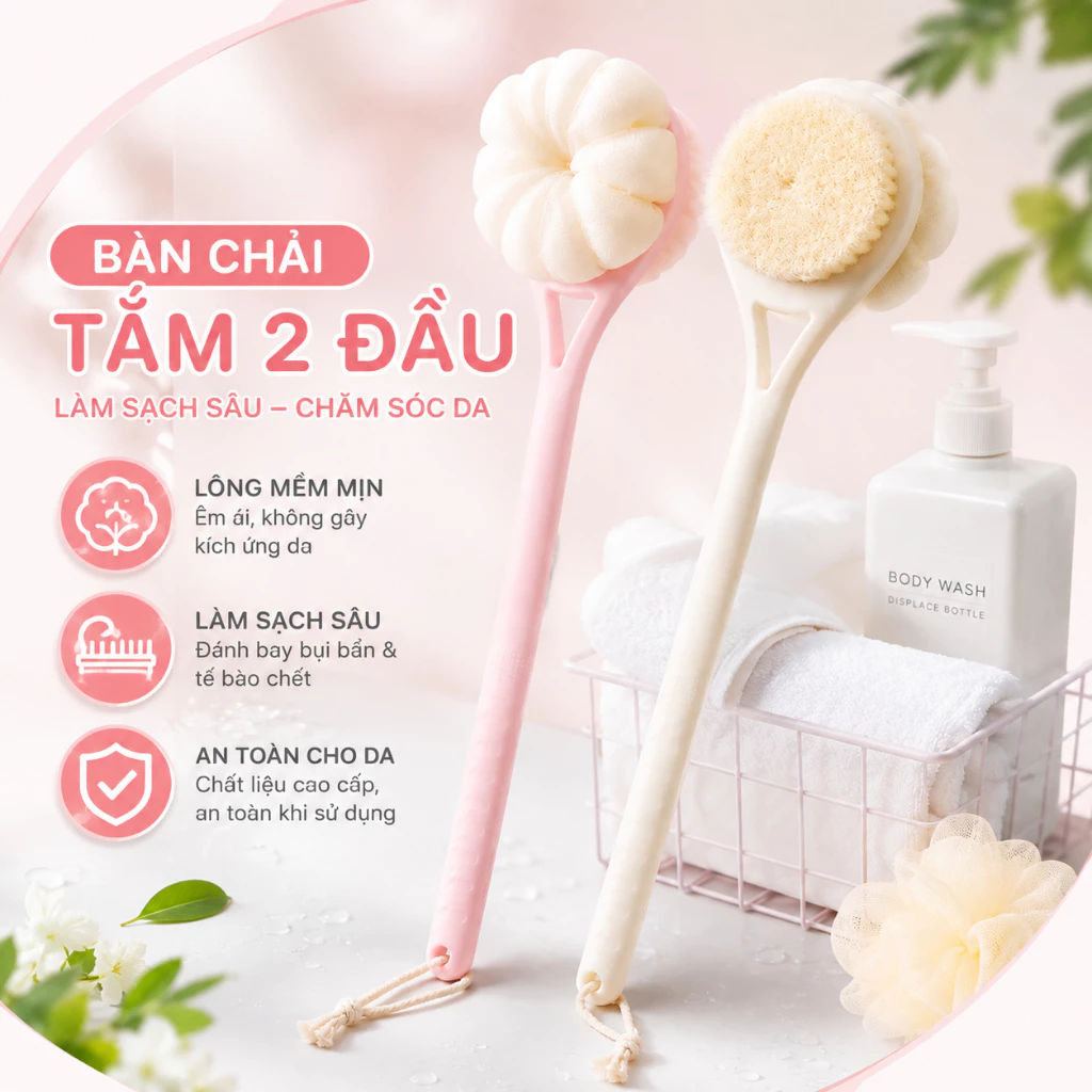 Bàn Chải Tắm 2 Mặt Cán Dài, Một Mặt Bông Lưới Tạo Bọt Một Mặt Bàn Chải Chà Lưng Làm Sạch Sâu