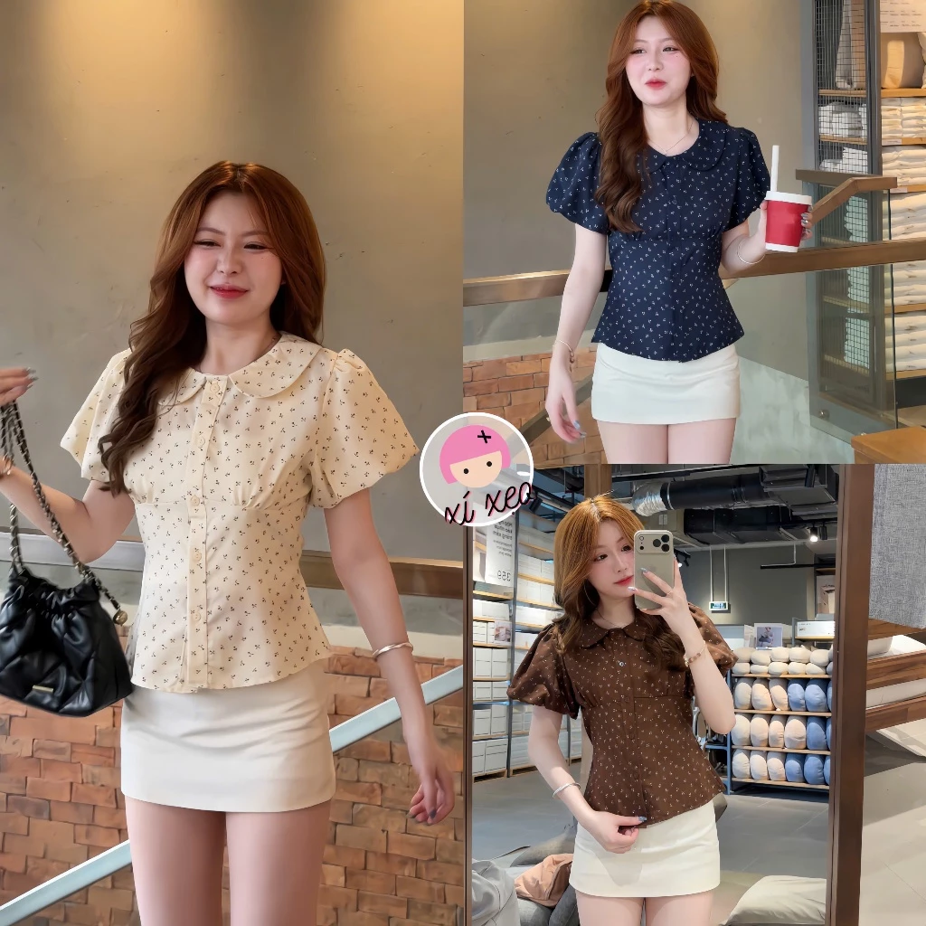 Áo cổ sen hoa nhí  XIXEOSHOP cúc dọc tay phồng chiết eo phong cách hàn quốc - A333