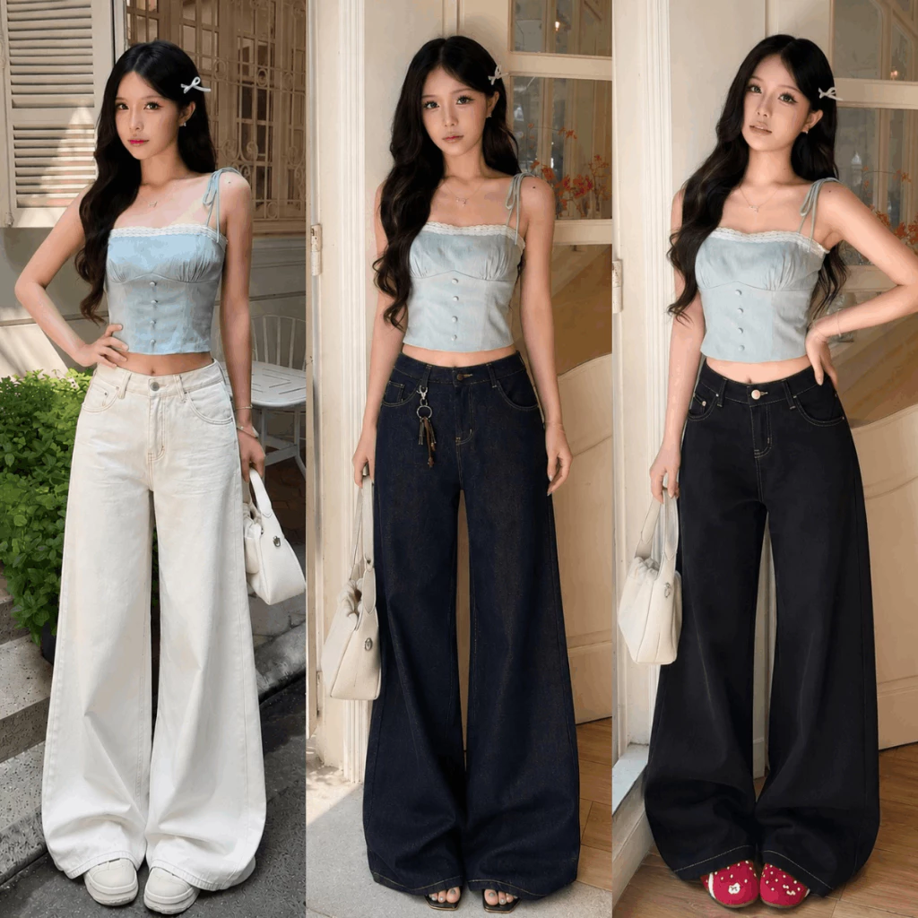 Quần Jean Suông Trắng Đen Ống Rộng 28CM Lưng Cao Dáng Dài Chất Jean Denim Mềm Ôm Eo Hack Chân J09