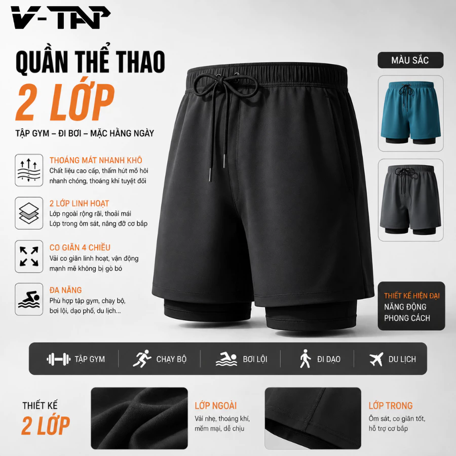 Quần Đùi Short Thể Thao YUKE8797 Nam 2 Lớp Tập Gym,Chạy Bộ, Bơi, Đạp Xe,Chơi Thể Thao Bốn Mùa