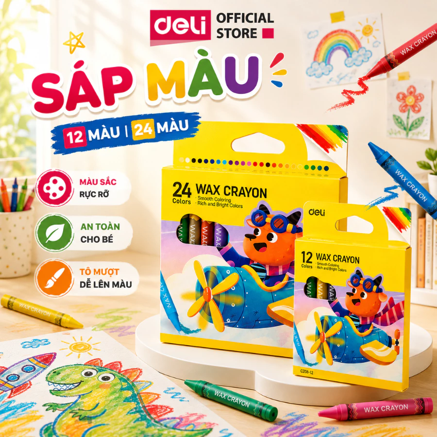 [MUA 3 GIẢM 30%] Bút Sáp Màu Deli 12/24 - Màu Sắc Rực Rỡ Tươi Sáng, An Toàn Cho Bé Tập Vẽ Tranh Tô Màu