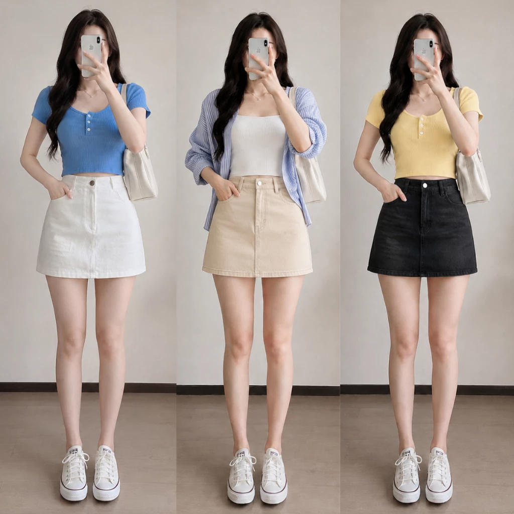 Chân váy Jean form chữ A ngắn MIAA Màu Trắng chất Jean Lưng cao Chất bò có quần bảo hộ Jean co giãn