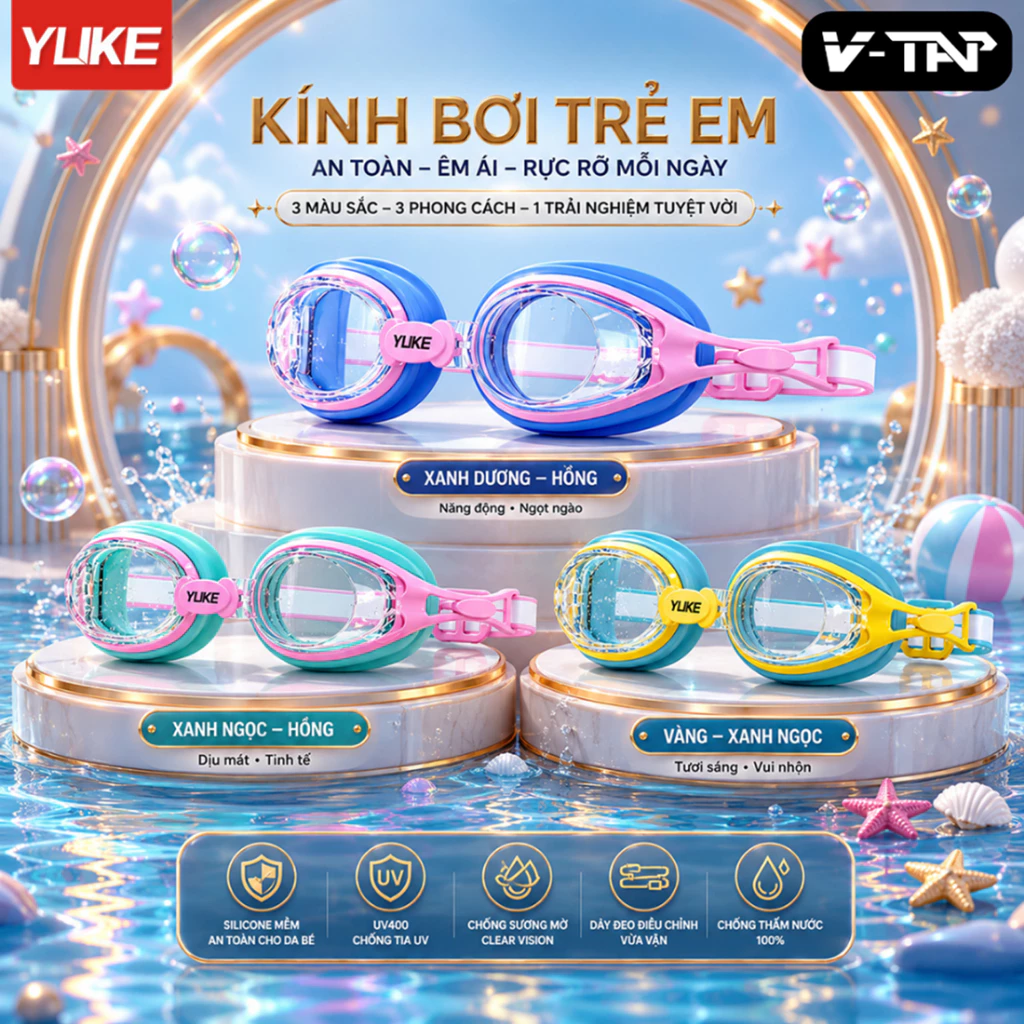 Kính bơi trẻ em dây nhỏ YUKE 5001, Độ nét cao, Chống sương, Chống nước/ Nhập khẩu chính hãng