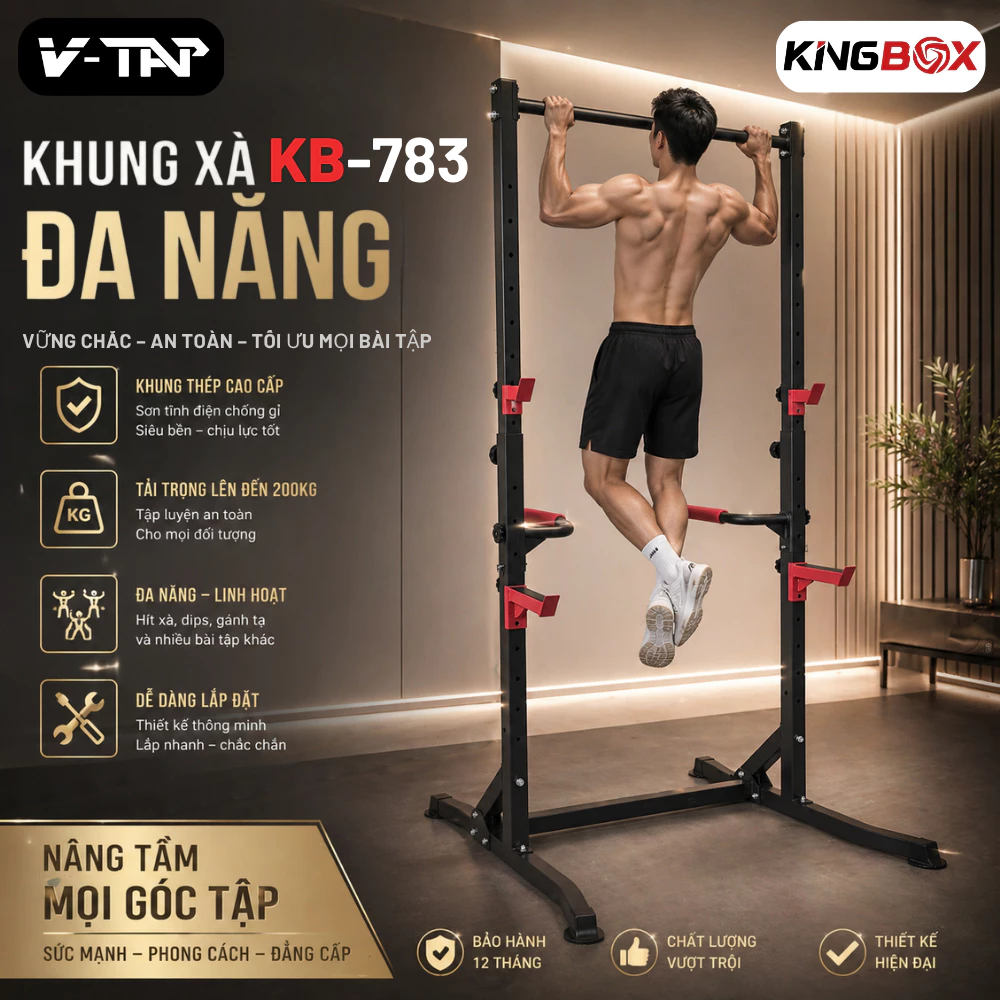 Khung tạ đa năng, Squat Rack, Điều chỉnh chiều cao 2.2m KINGBOX KB-783, Thép 1.6mm, Chịu tải 200kg