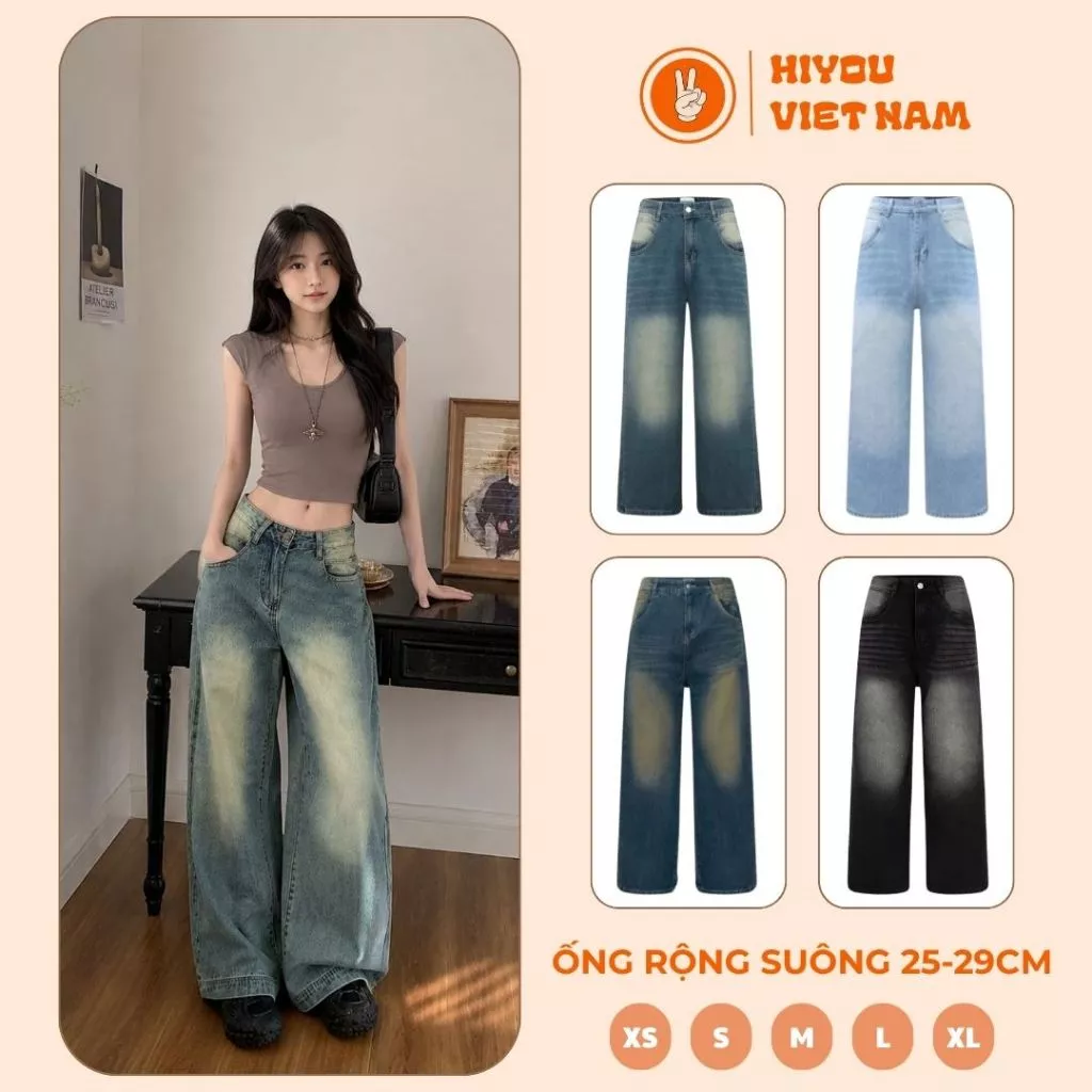 Quần Jean Ống Rộng Suông Basic Hiyou Ống 25-29cm Dễ Mix Đồ Năng Động,Quần Jean Jsr Dài chất liệu Denim form nam nữ