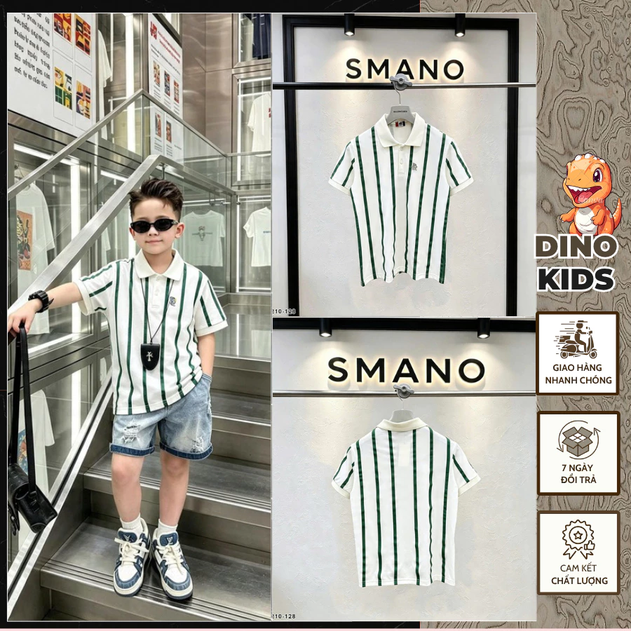 Áo Polo Bé Trai Họa Tiết Kẻ Sọc Xanh Cực Chất_ Áo Polo Cho Bé Thêu Logo Basic