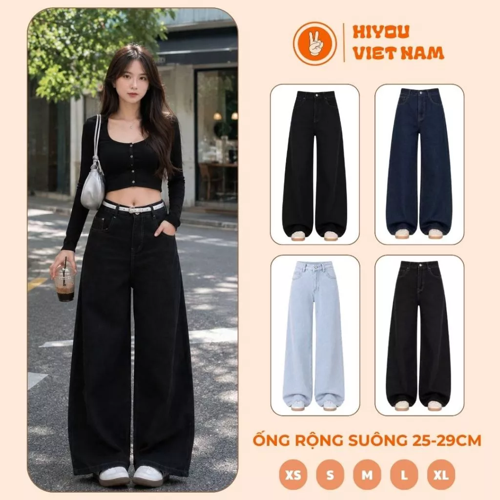 Quần Jean Đen Ống Suông Rộng 25-29cm Hiyou Cạp Cao Tôn Dáng , Quần Bò Jean Ống Rộng Đủ Size Đủ Màu Cực Tôn Dáng