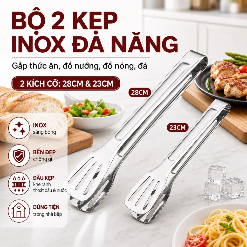 Bộ 2 Kẹp Inox Đa Năng Gắp Đồ Nướng, Gắp Thức Ăn, Đồ Nóng, Gắp Đá 2 Kích Cỡ Dụng Cụ Nhà Bếp Thông Minh