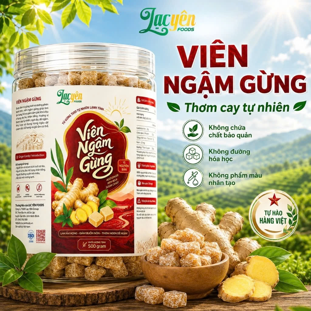 Viên Ngậm Gừng Nguyên Chất Ít Ngọt Lạc Yên Foods, Vị Gừng Cay Ấm, Nông Sản Tự Nhiên