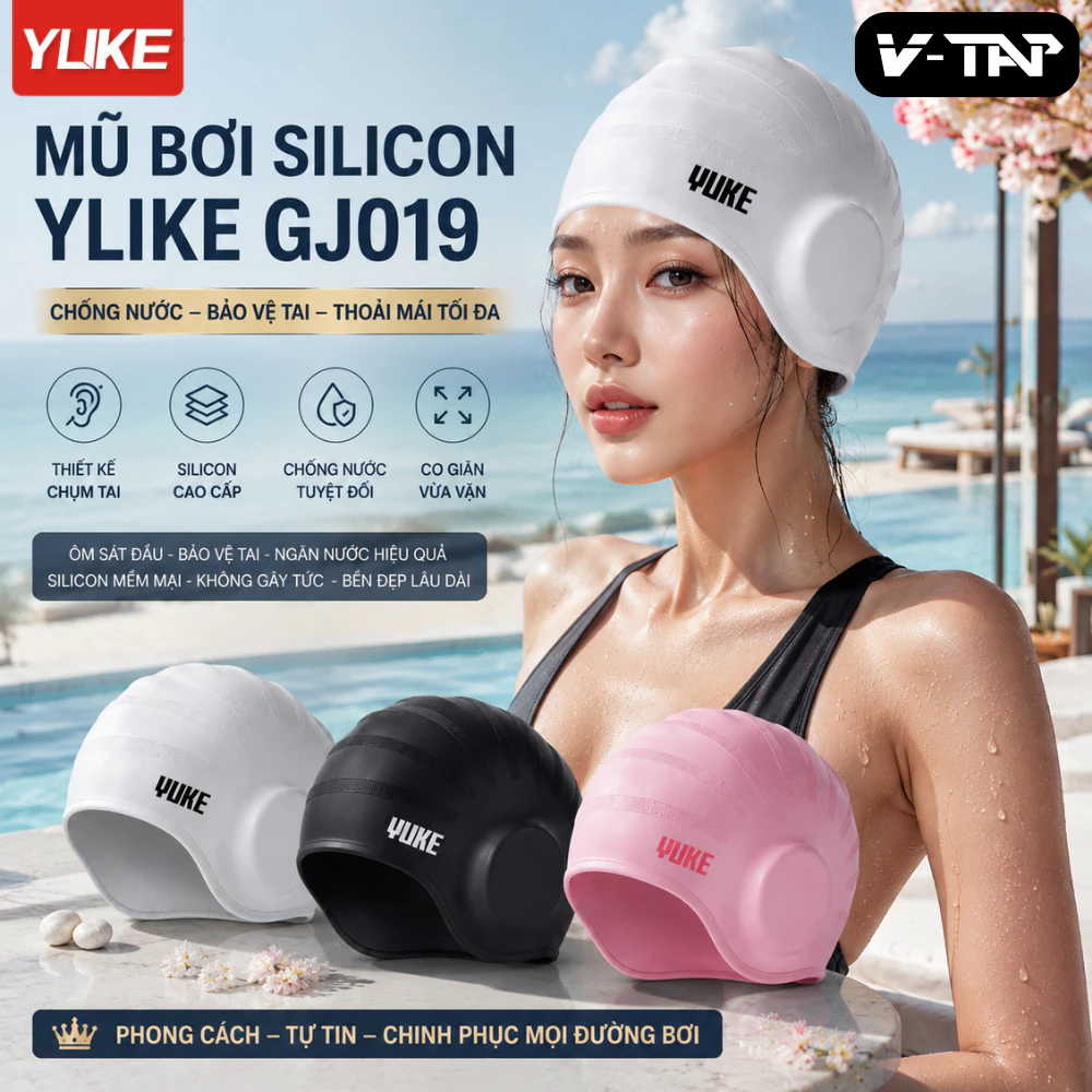 Mũ bơi trùm tai người lớn nam nữ cao cấp YUKE GJ019, Silicone đàn hồi, chống nước