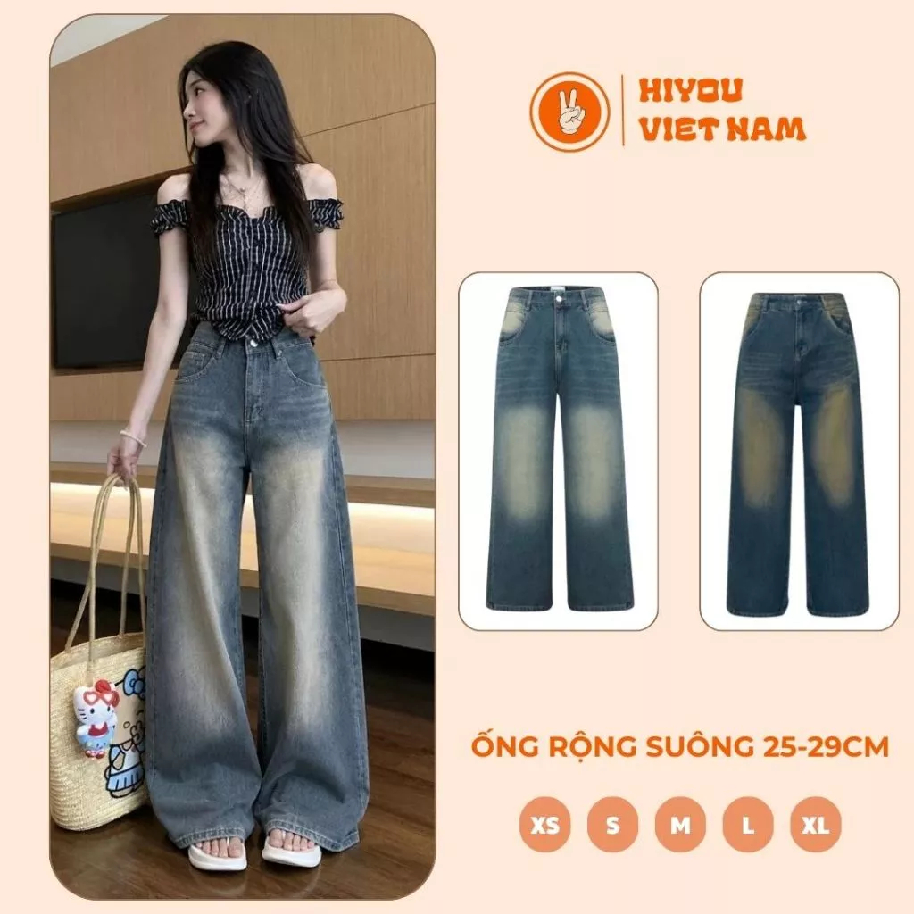 Quần Jean Ống Suông Nữ, Quần Bò Mềm Ống Suông HiYou 2 Màu Wash, Quần Jean Thụng Chất Liệu Denim Cao Cấp