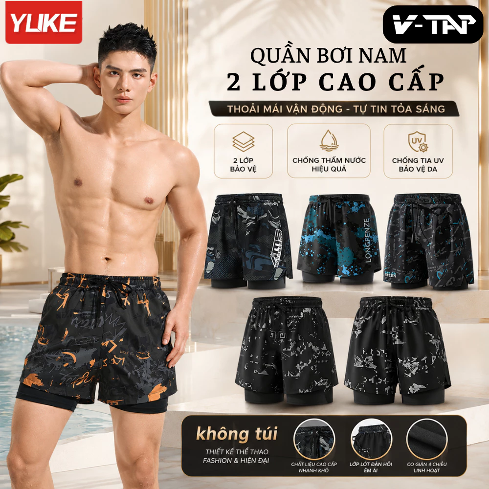 Quần bơi, Quần tập thể thao nam 2 lớp chống lộ, Quần dáng suông YUKE YK7728, Hàng nhập khẩu