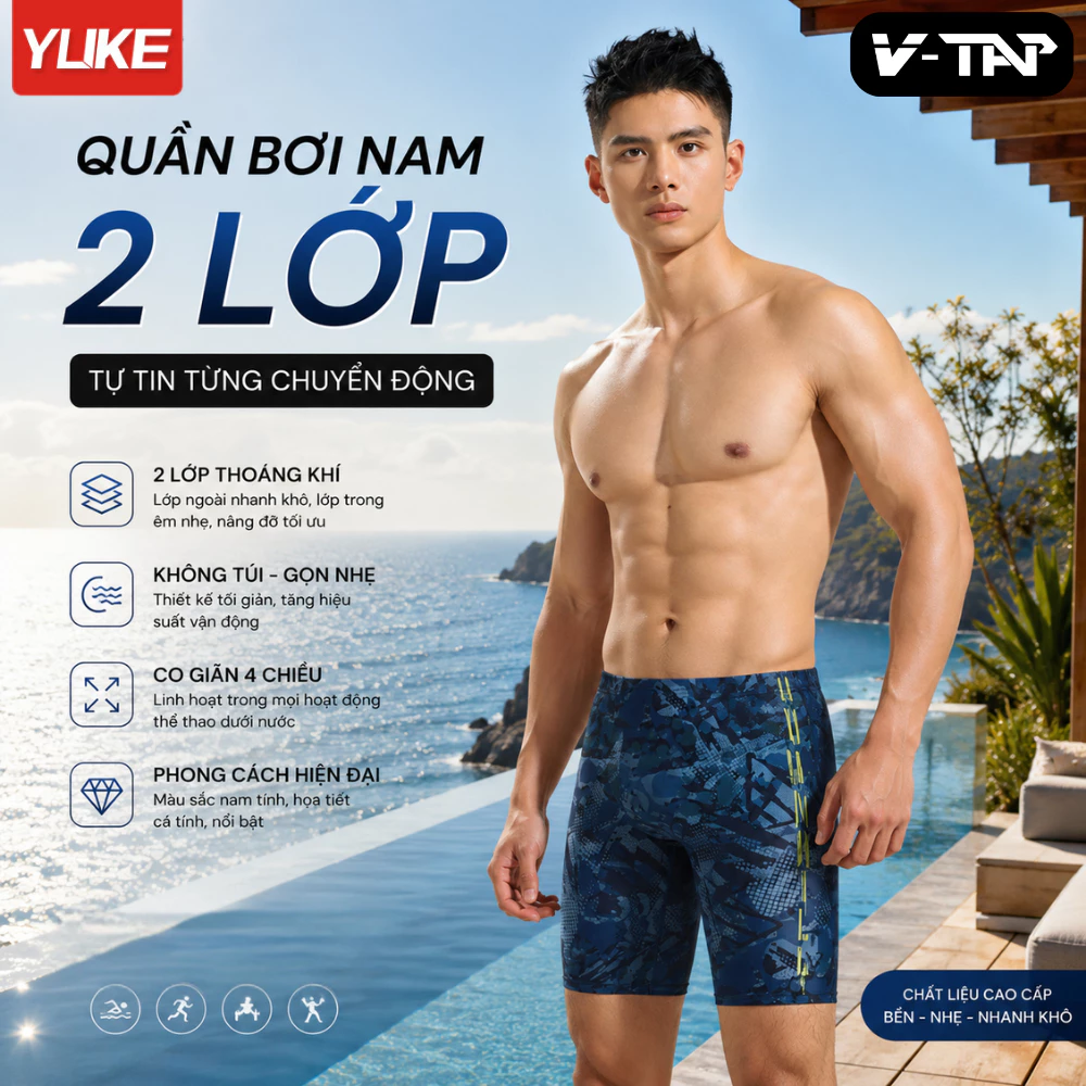 Quần bơi nam Dáng ôm, Ống dài chạm gối YUKE 823 - Nhập khẩu chính hãng, Đã kiểm tra chất lượng
